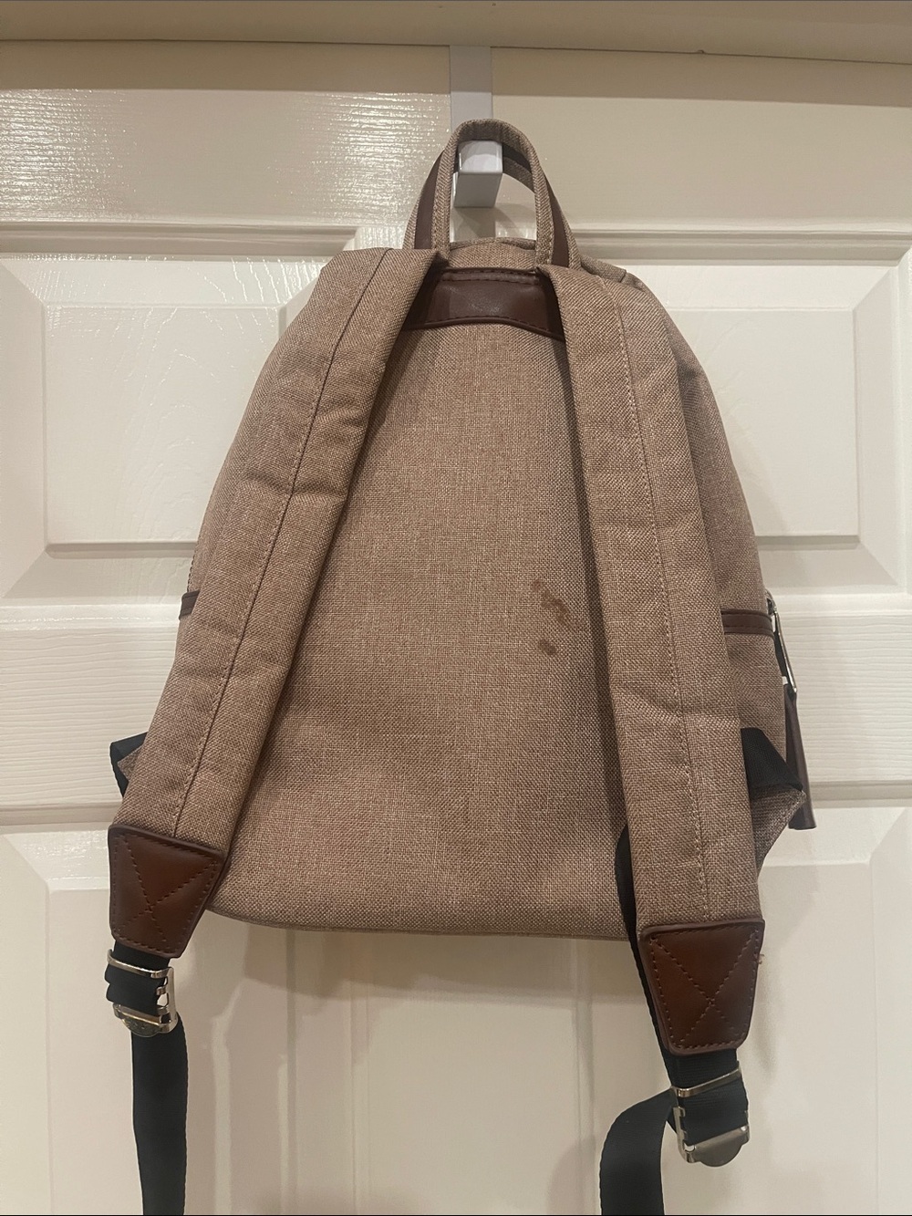 Adrienne Vittadini Tan Canvas Backpack with Brown Trim 12”W 12”H - Picture 3 of 4